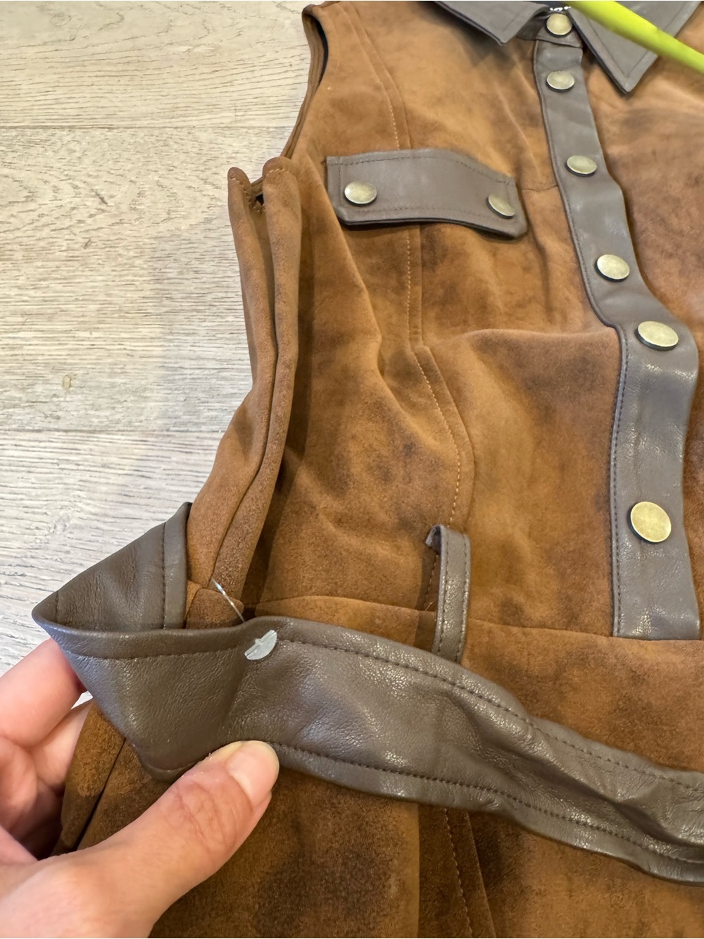 [NWOT] En Saison Size S Brown Faux Suede Leather Trim Belted A-Line Dress - Picture 13 of 13